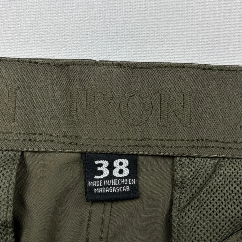 Iron Co Tech Stretch Cargo Shorts Mens Size 38 Olive Green Hiking Zipper Pocket